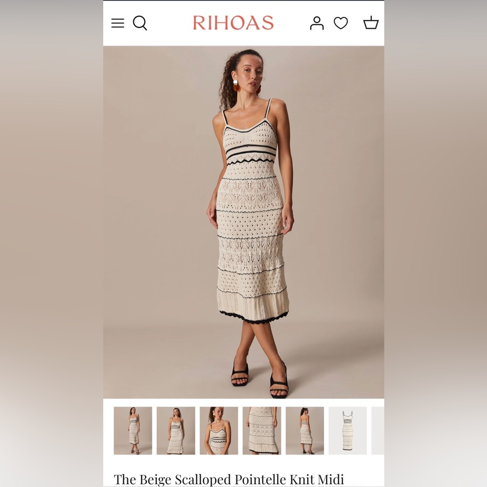 NEW Rihoas Beige Scalloped Knit Midi Dress